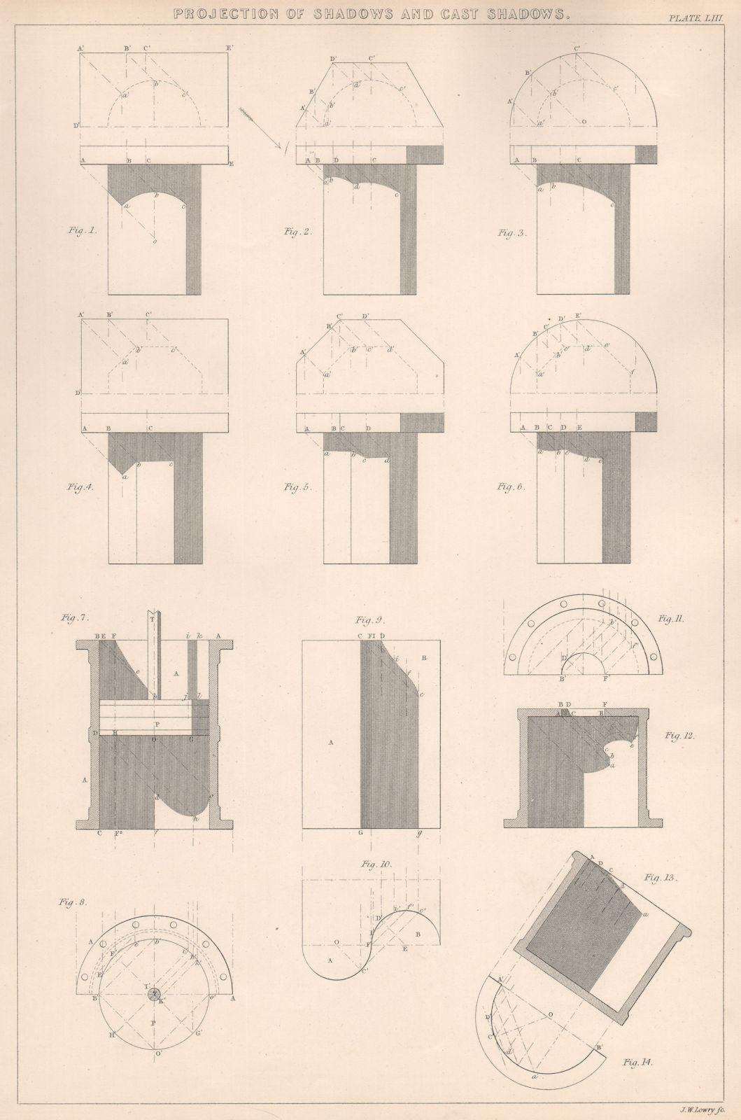 VICTORIAN ENGINEERING DRAWING. Cast shadows projection. Prisms & Cylinders 1876